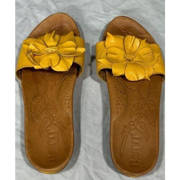 Born Mustard Slide Sandal With Flower Woman's Size 6 - Picture 1 of 4
